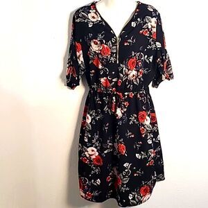 Stella Tweed Short Sleeve Black Dress Red/White Flowers Zipper Neckline,Size 1X